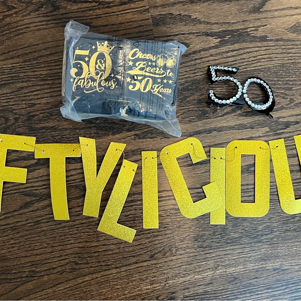 50th Birthday Party Supplies- Koozies, “Fiftylicious”Banner, and Novelty Glasses